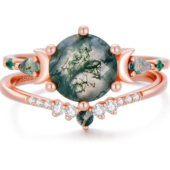 Natural Moss Agate Engagement Ring Set 925 Sterling silver - Picture 2 of 8